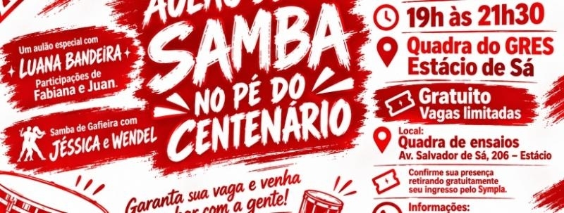 Evento: AULÃO DE SaMba no PÉ DO CENTENÁRIO - COM LUANA BANDEIRA E PARTICIPAÇÕES E SORTEIOS